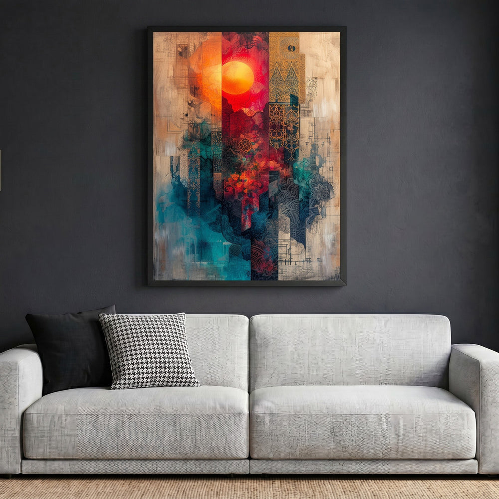 Wadi Home abstract geometric framed canvas print with sun motif in red and teal, displayed above a modern sofa.