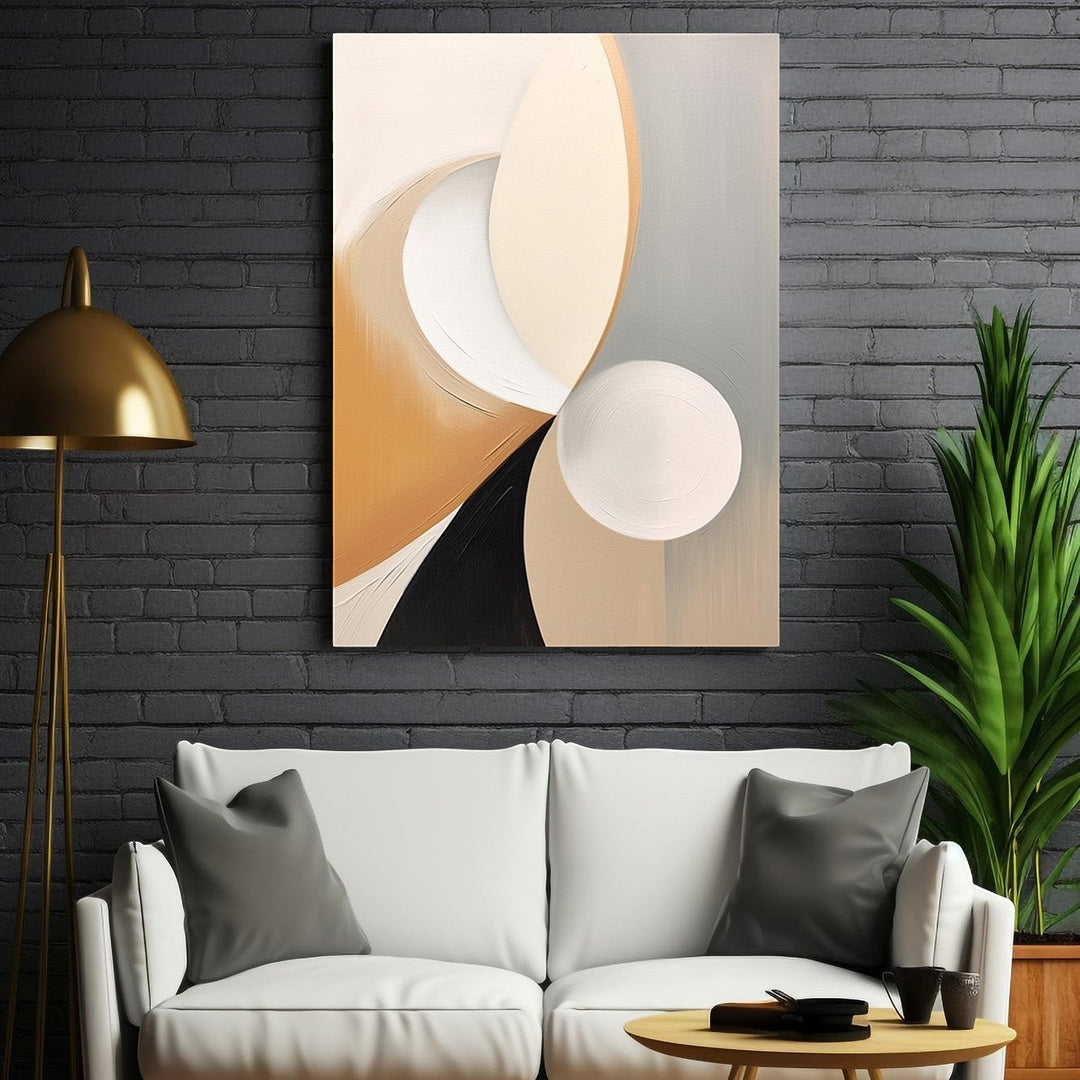 Wadi Home abstract geometric canvas art with beige, white, grey, black, and tan tones. Modern wall art.