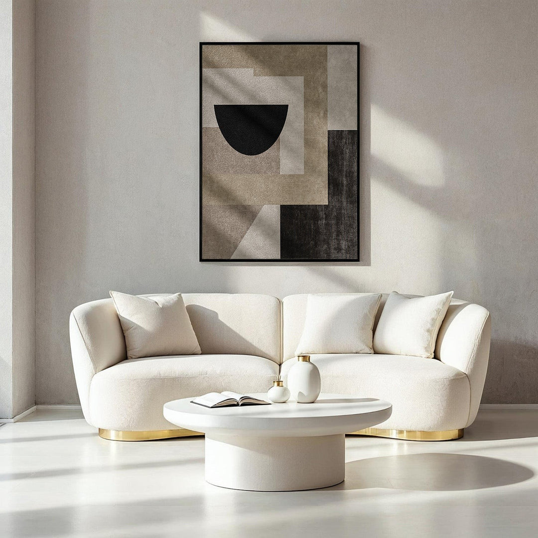 Wadi Home abstract geometric canvas wall art in beige, taupe, and charcoal with a black half-circle.