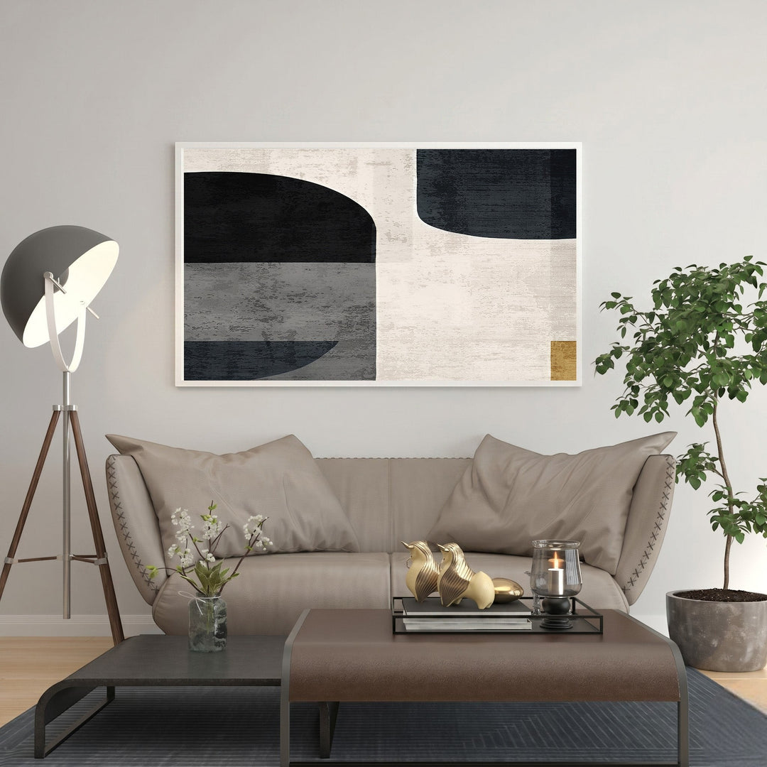 Wadi Home abstract geometric canvas wall art in black, white, and grey with bold shapes and clean lines.