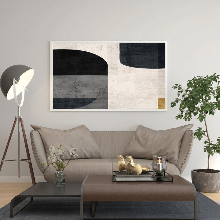 Wadi Home abstract geometric canvas wall art in black, white, and grey with bold shapes and clean lines.