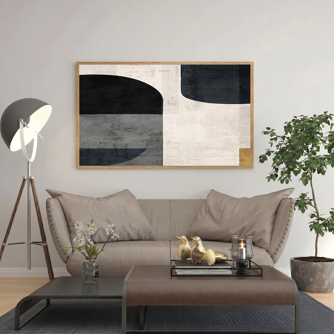 Wadi Home abstract geometric canvas wall art in black, white, and grey with bold shapes and clean lines.