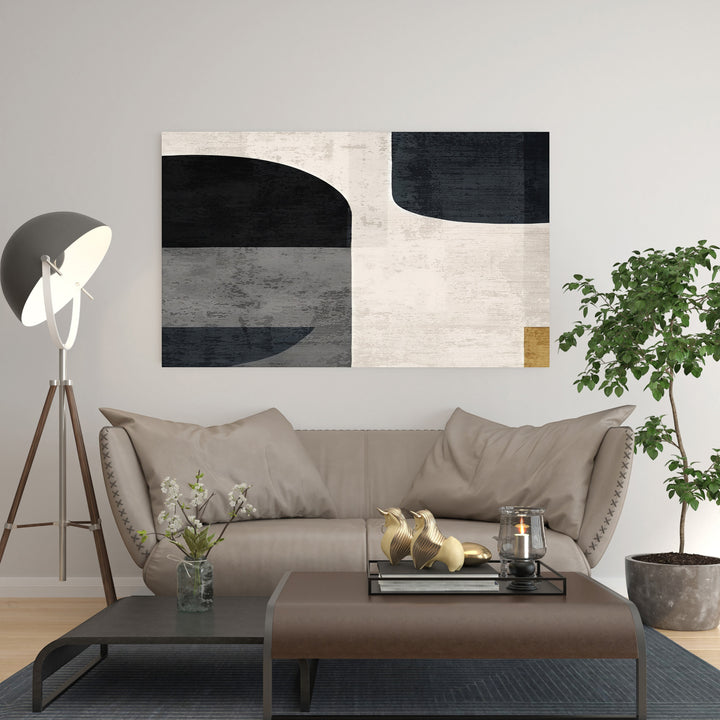 Wadi Home abstract geometric canvas wall art in black, white, grey, and gold. Modern art with bold shapes.