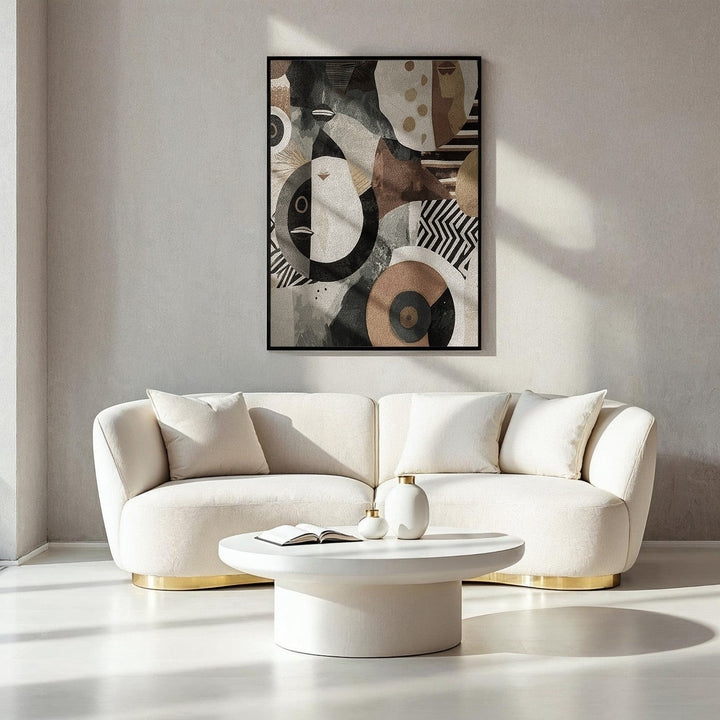 Wadi Home abstract geometric canvas wall art in black, white, beige, and gold with organic shapes and patterns.