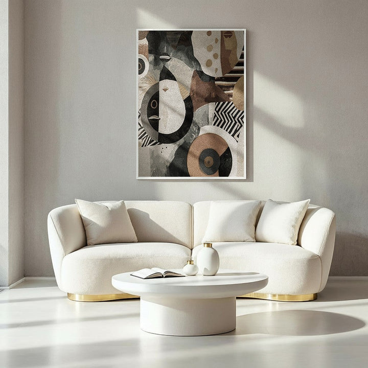 Wadi Home abstract geometric canvas wall art in neutral tones with black, white, beige, and gold accents.
