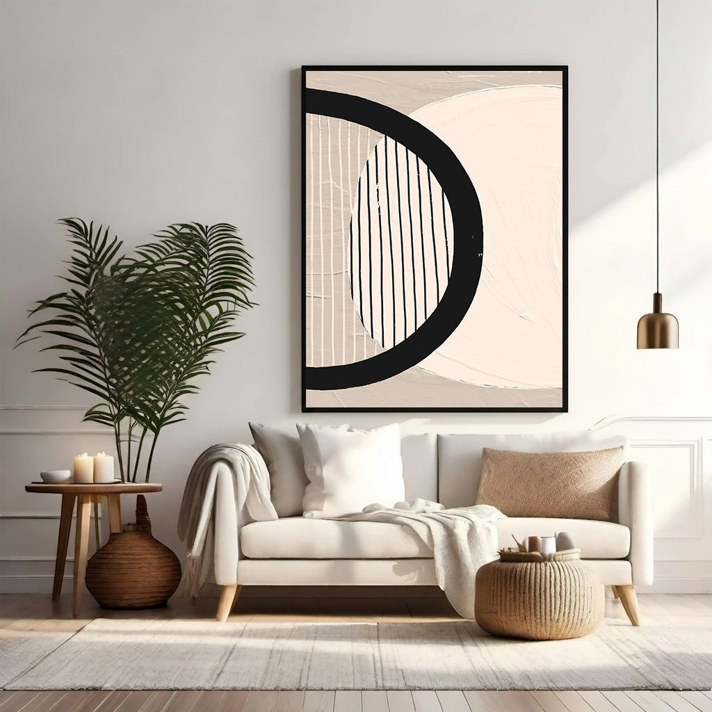 Wadi Home abstract geometric canvas art with beige, off-white, and black shapes. Modern wall art.