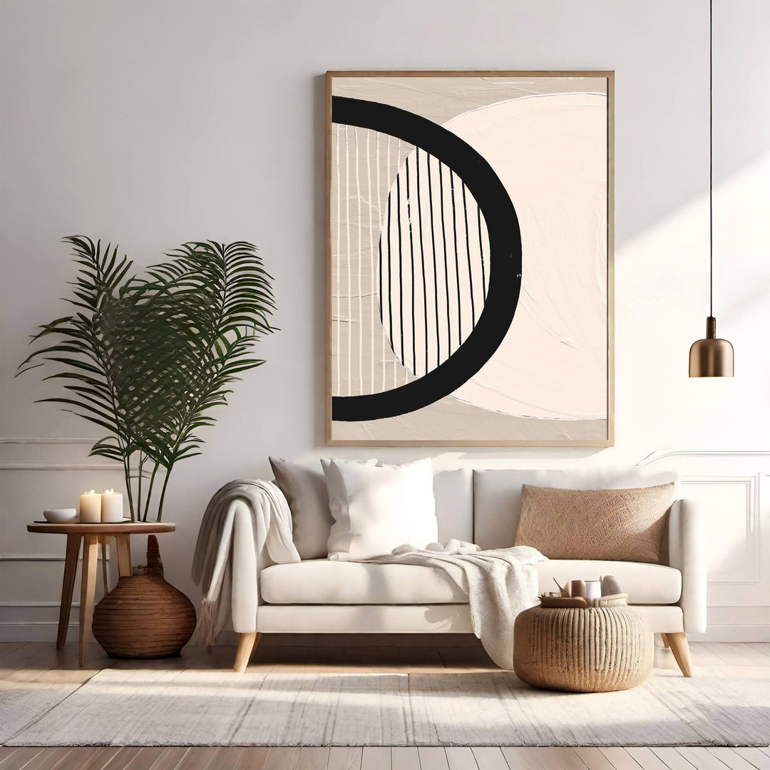 Wadi Home abstract geometric canvas art with beige, off-white, and black shapes. Modern wall art.