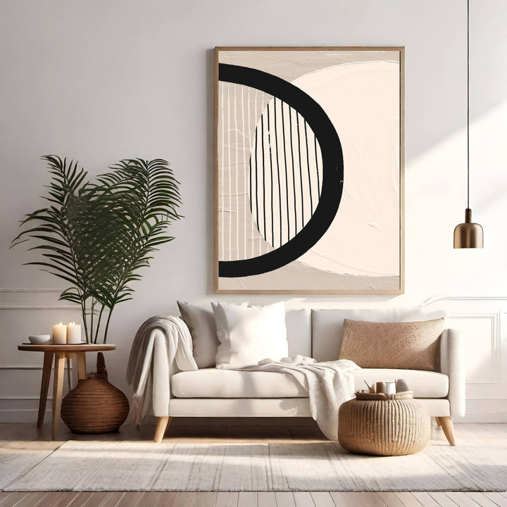 Wadi Home abstract geometric canvas art with beige, off-white, and black shapes. Modern wall art.