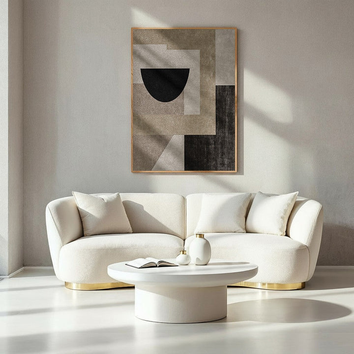 Wadi Home abstract geometric canvas wall art in neutral tones of beige, taupe, and charcoal with a black semi-circle.