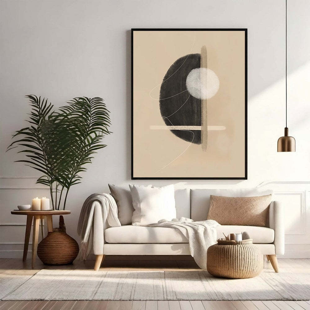 Wadi Home abstract geometric circle canvas art in beige and black with minimalist design. Modern wall art.