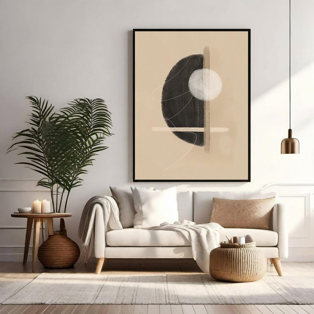 Wadi Home abstract geometric circle canvas art in beige and black with minimalist design. Modern wall art.