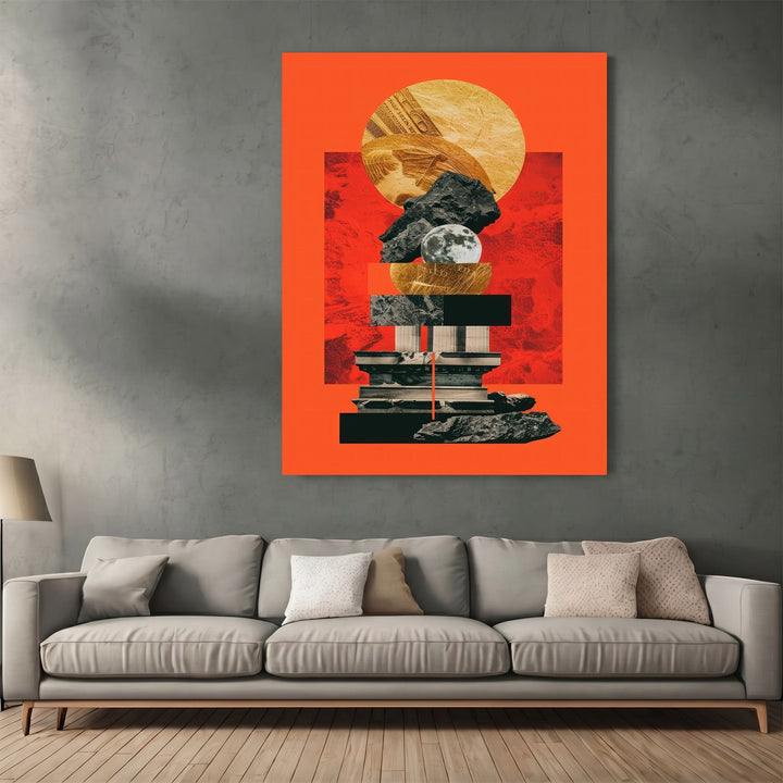 Wadi Home abstract geometric collage wall art print with orange background hanging above a modern grey sofa.