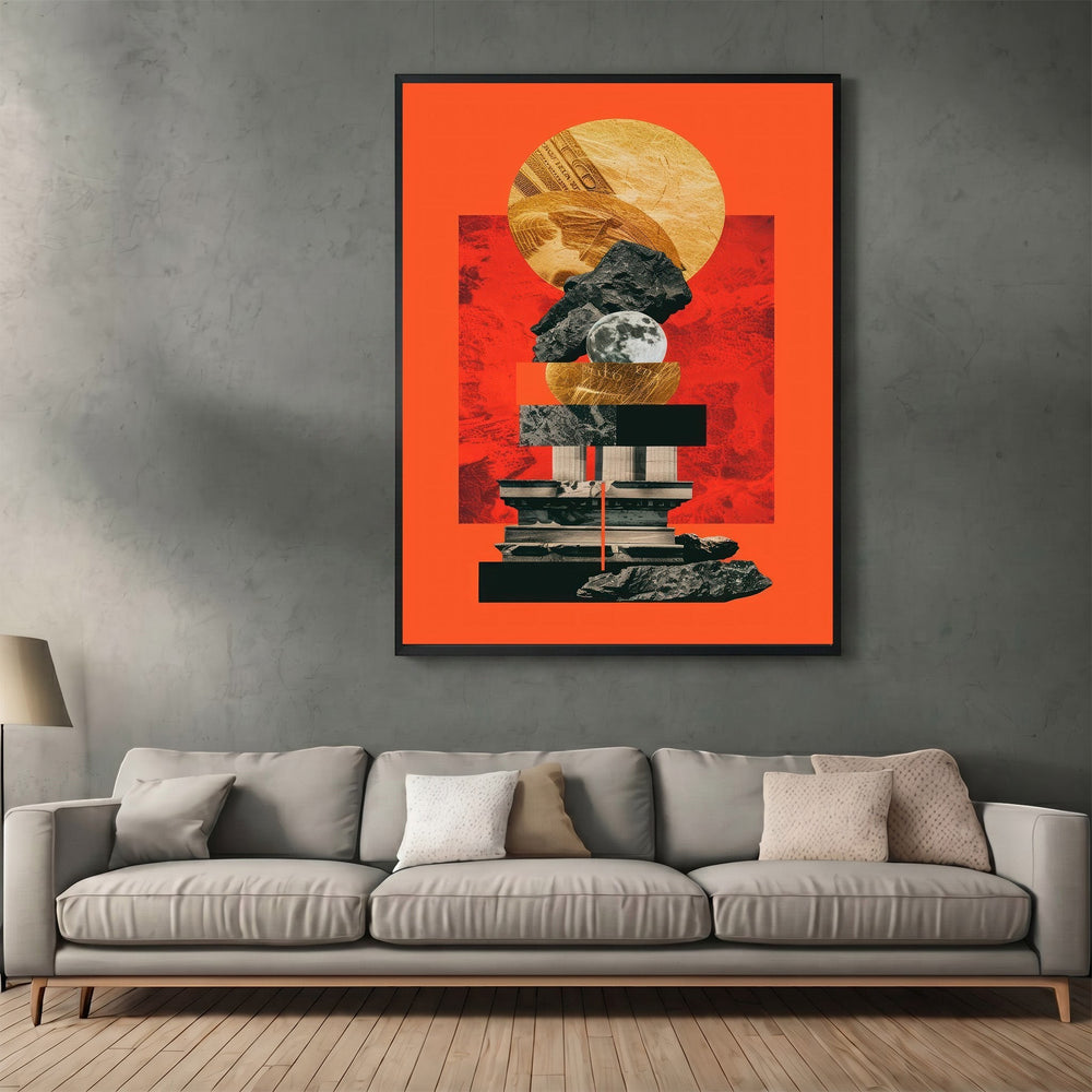 Wadi Home abstract geometric collage wall art print with orange background and surrealist elements above a grey sofa.