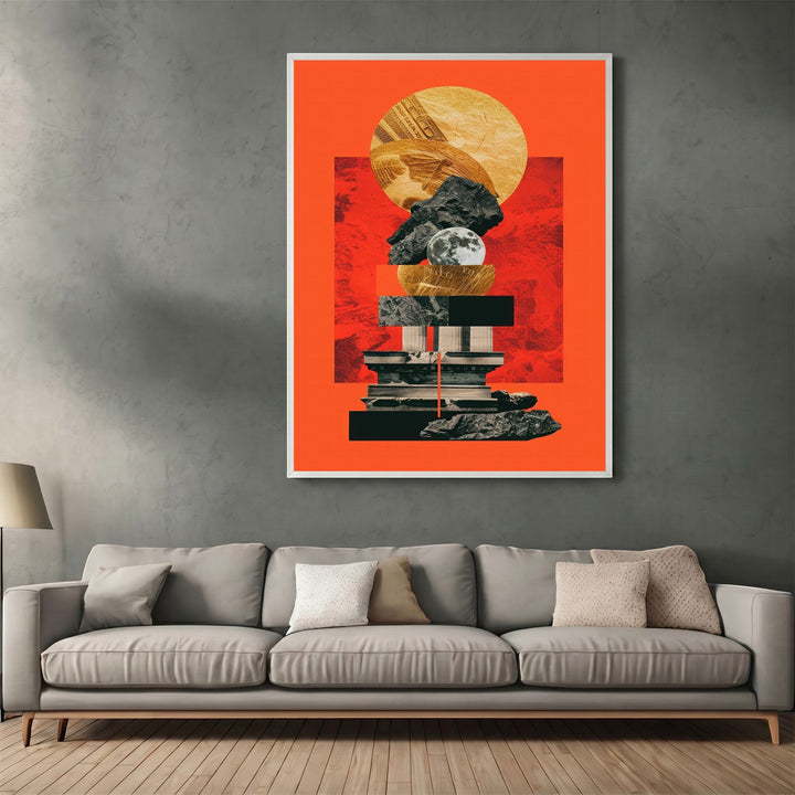 Wadi Home abstract geometric collage wall art print with orange background, celestial motifs, and stone textures.