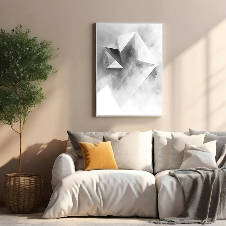 Wadi Home abstract geometric crystal wall art in monochrome with sharp angles and smoky textures.