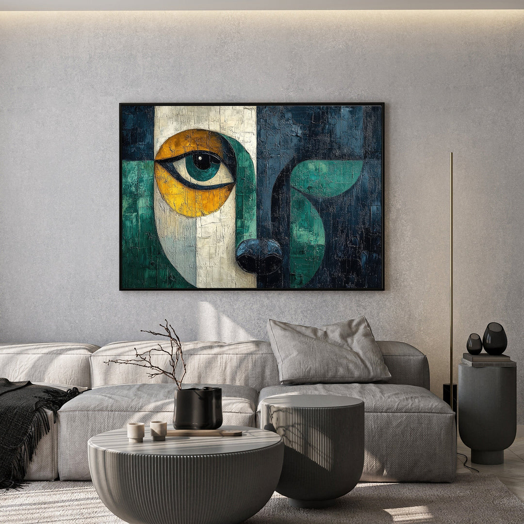 Wadi Home abstract geometric eye canvas print in navy, green, and ochre hanging above a modern grey sofa.