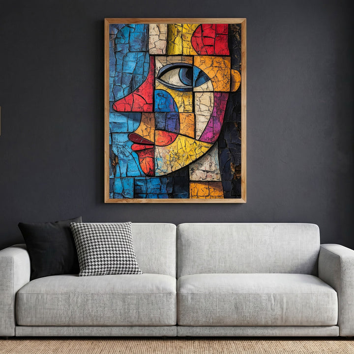 Wadi Home abstract geometric face wall art with a cracked texture finish in a wooden frame above a modern sofa.