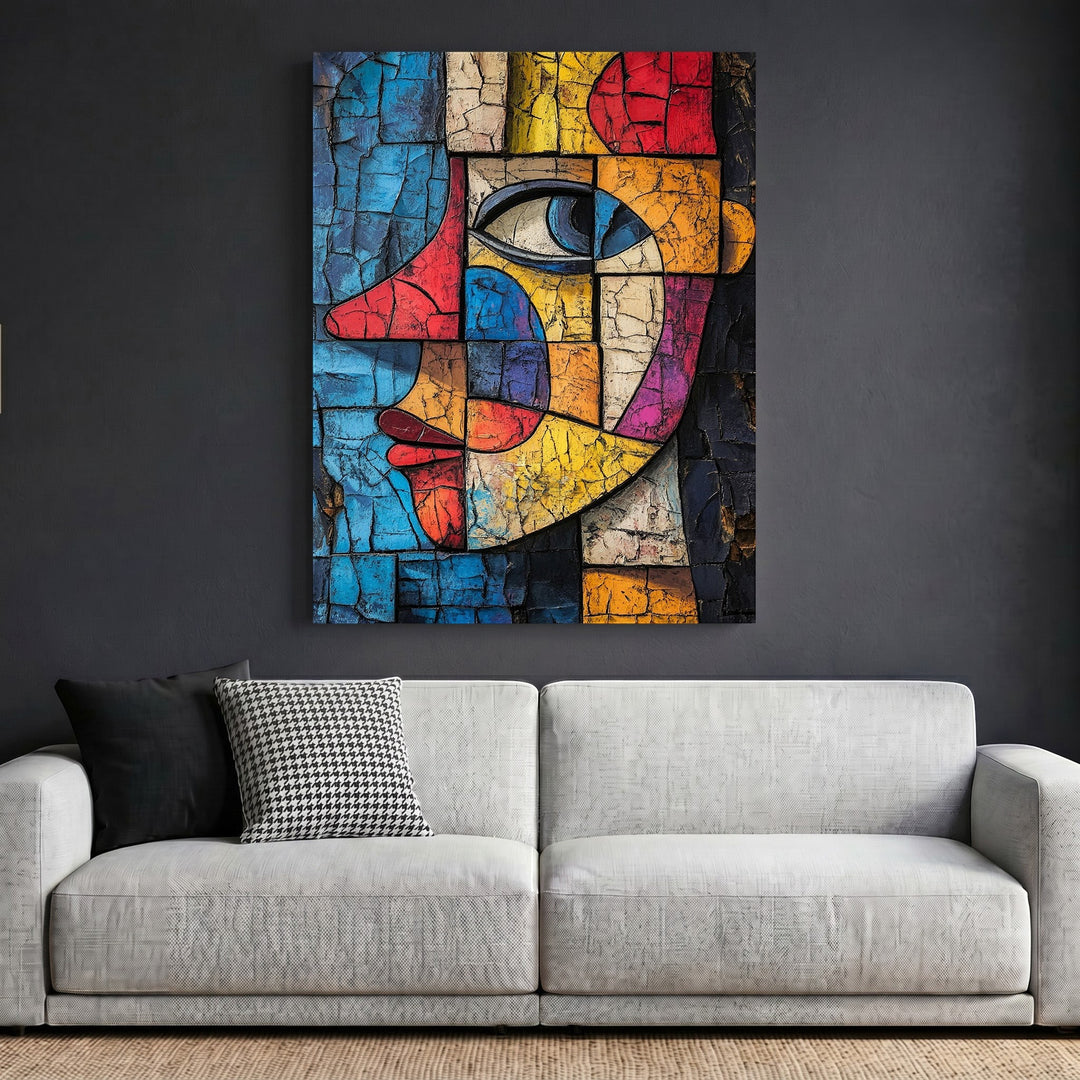 Wadi Home abstract geometric face wall art with cracked texture in vibrant colors hanging above a modern sofa