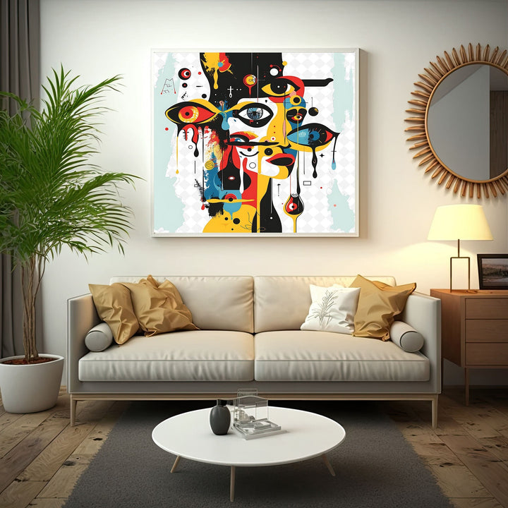 Wadi Home abstract geometric face canvas art in a modern living room with a beige sofa and sunburst mirror.