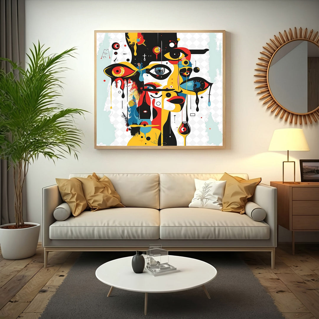 Wadi Home abstract geometric face canvas art with vibrant colors hanging above a modern beige sofa in a living room.