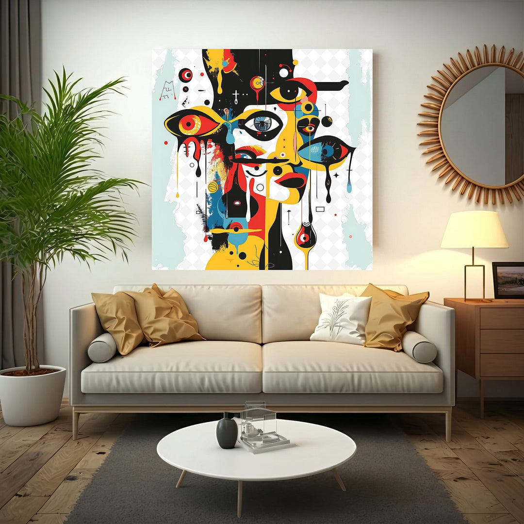 Wadi Home abstract geometric face canvas art featuring vibrant colors above a modern beige sofa in a living room.