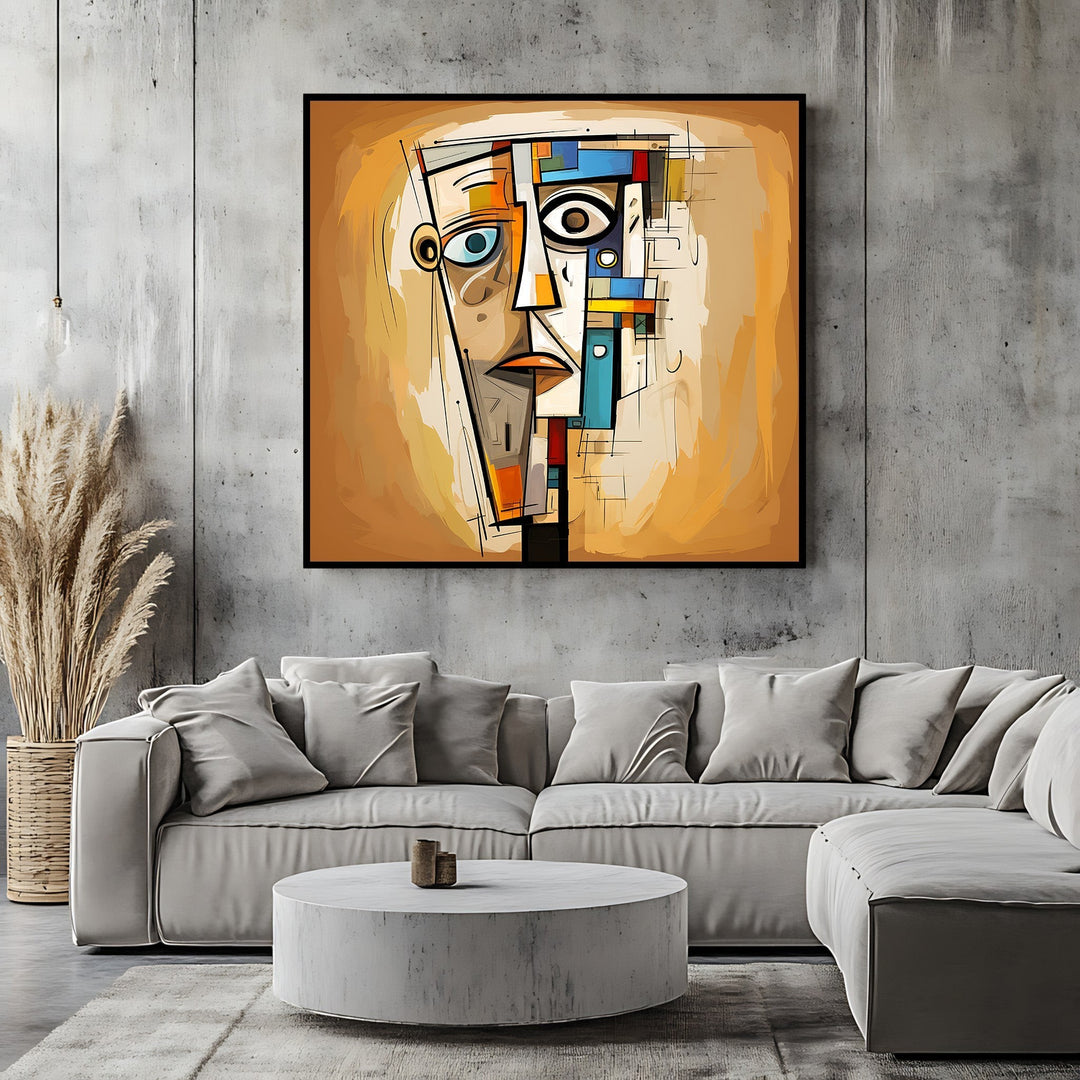 Wadi Home abstract geometric face canvas print with ochre and blue tones hanging above a modern grey sectional sofa.