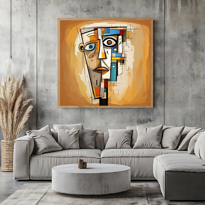 Wadi Home abstract geometric face canvas print with ochre, blue, and black tones hanging above a modern grey sofa.