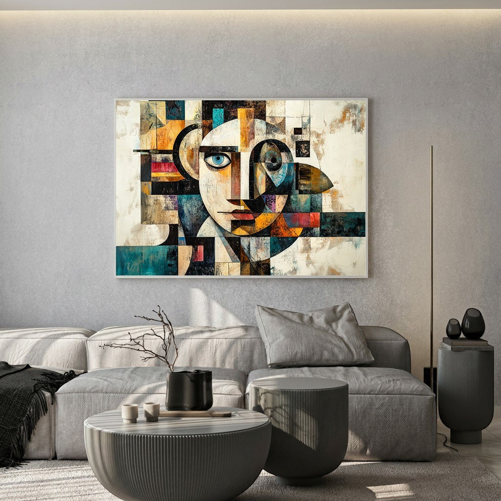 Wadi Home abstract geometric face canvas print with teal and ochre tones hanging above a modern grey sofa.