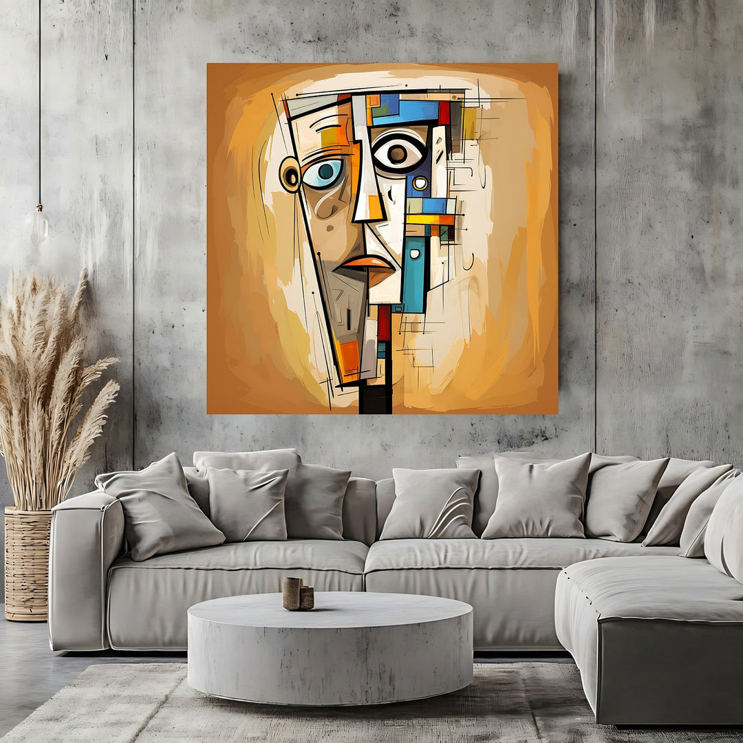 Wadi Home abstract geometric face canvas print with ochre, blue, and black accents displayed above a modern sofa.