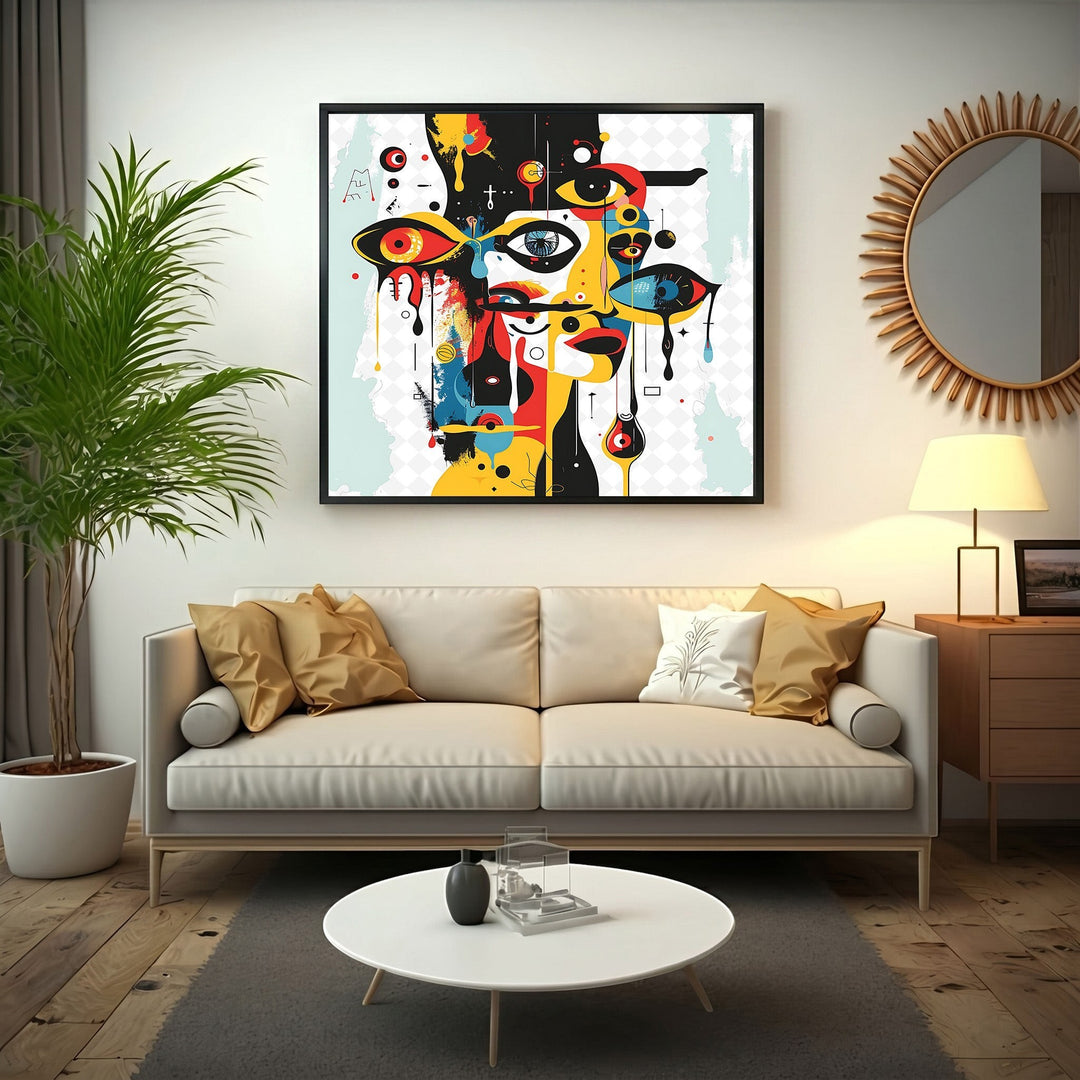 Wadi Home abstract geometric face canvas art with vibrant colors hanging above a modern beige sofa in a living room.