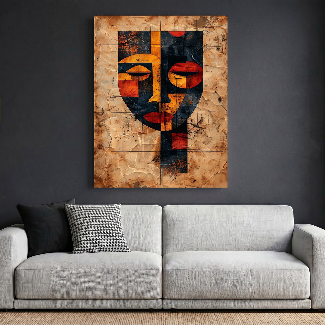 Wadi Home abstract geometric face wall art print with orange and black tones on a textured parchment background.