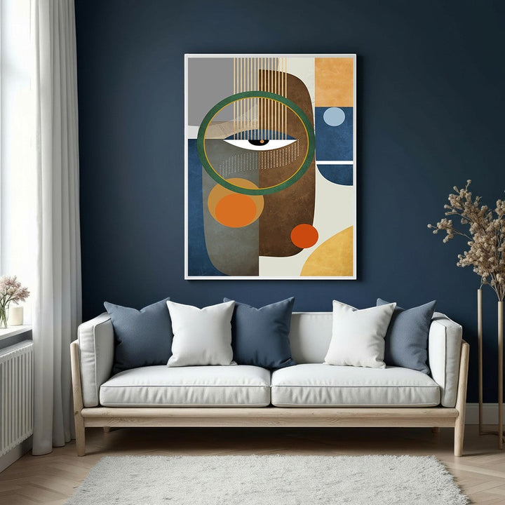 Wadi Home abstract geometric face wall art with eye motif in earthy tones and bold shapes.