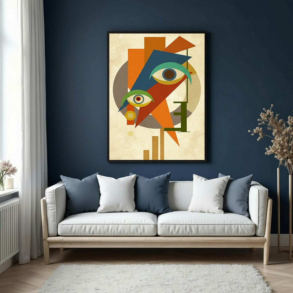 Wadi Home abstract geometric face wall art with vibrant oranges, blues, greens, and earthy tones.