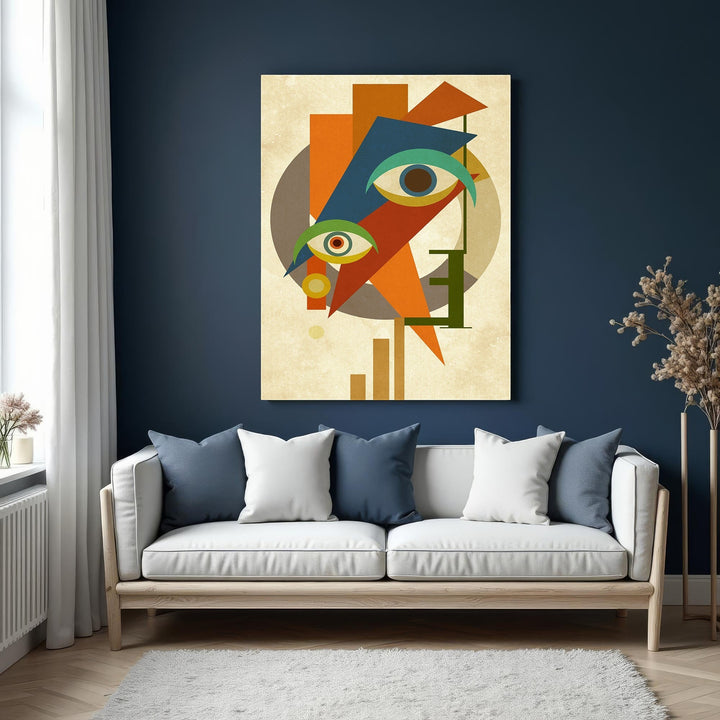 Wadi Home abstract geometric face wall art with vibrant oranges, blues, greens, and earthy tones.