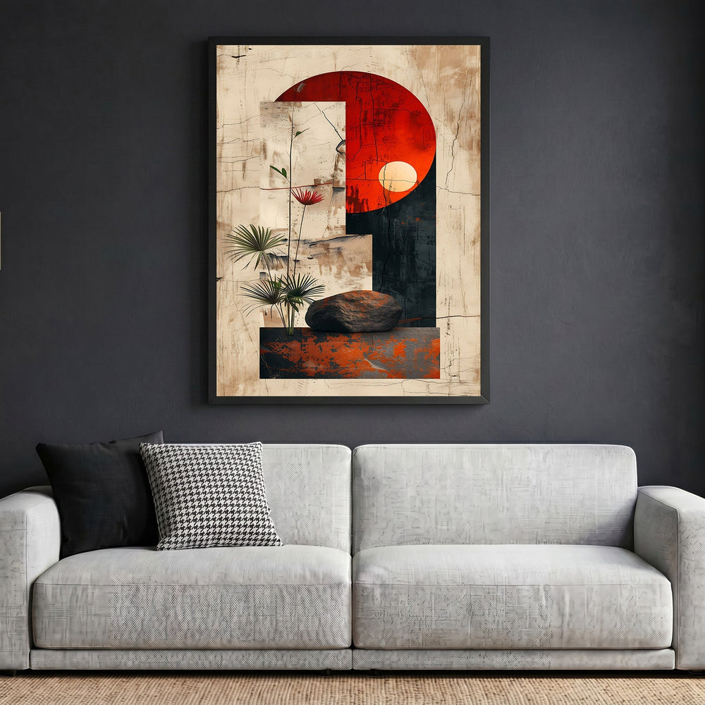 Wadi Home abstract geometric framed wall art featuring a bold red sun, botanical accents, and stone textures.