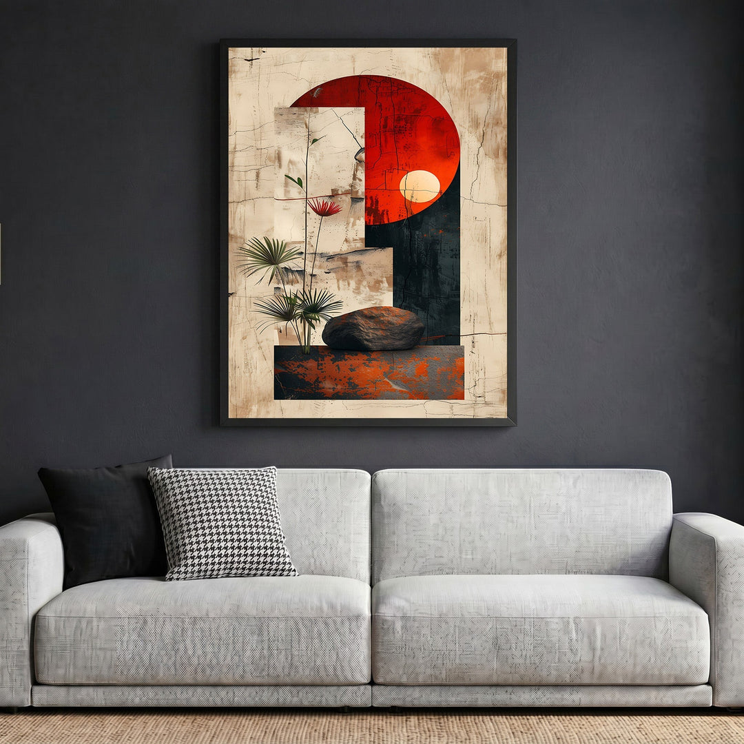 Wadi Home abstract geometric framed wall art featuring a bold red sun, botanical accents, and stone textures.