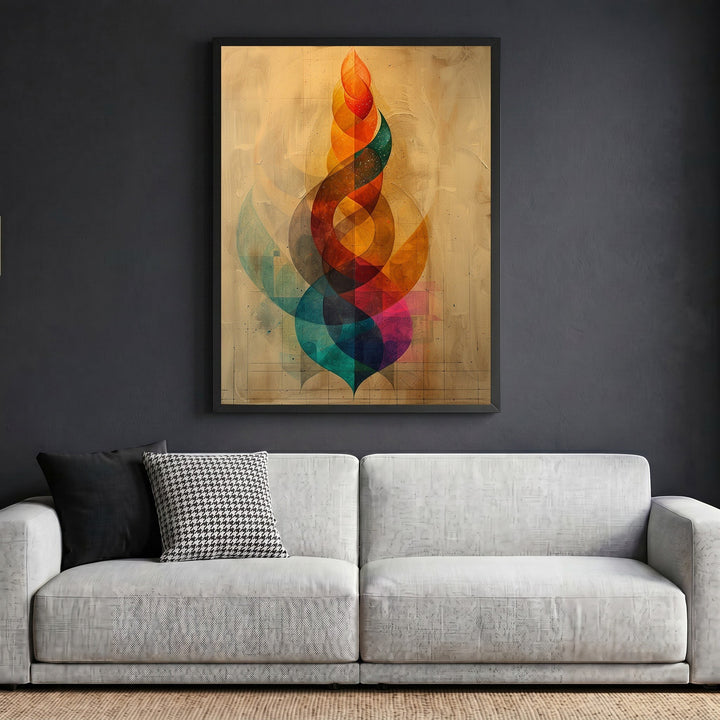Wadi Home abstract geometric framed wall art with vibrant spiraling colors hanging above a modern white sofa.
