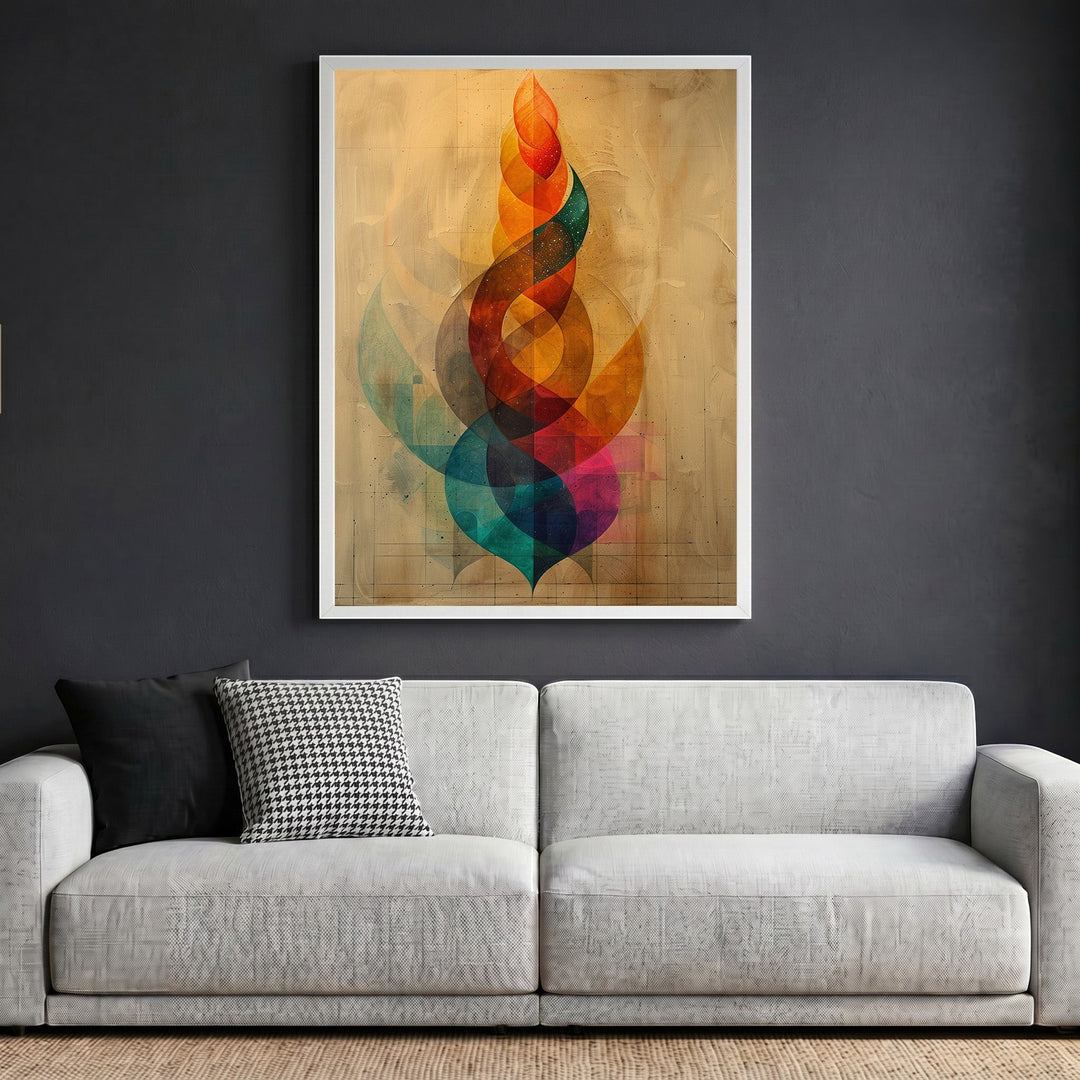Wadi Home abstract geometric framed wall art with vibrant spiraling colors hanging above a modern grey sofa.