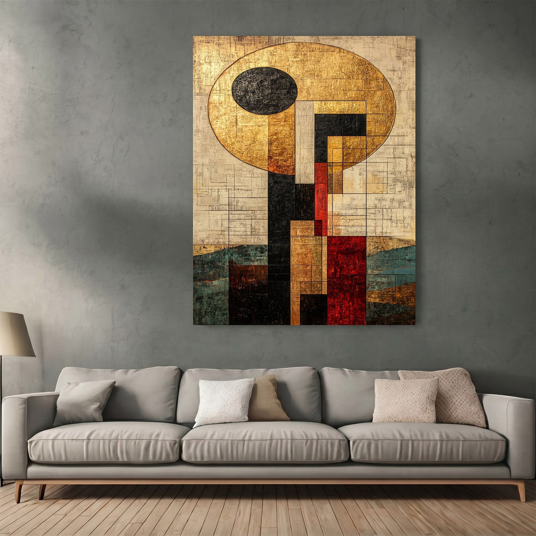 Wadi Home abstract geometric framed wall art with gold, black, and red accents displayed above a modern grey sofa.