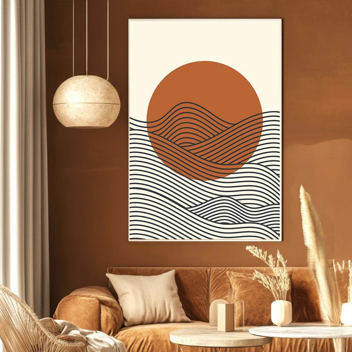 Wadi Home abstract geometric landscape wall art print featuring a terracotta sun and black lines on a cream background.