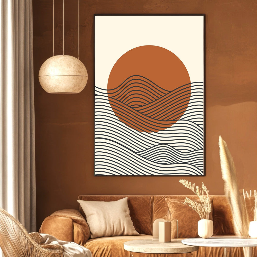 Wadi Home abstract geometric landscape wall art print with a terracotta sun and black line waves in a modern living room