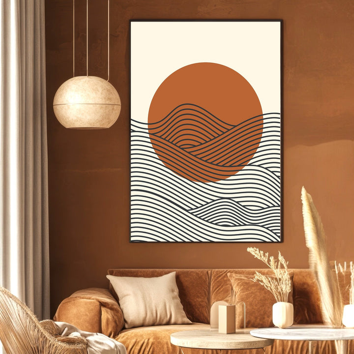 Wadi Home abstract geometric landscape wall art print with a terracotta sun and black line waves in a modern living room