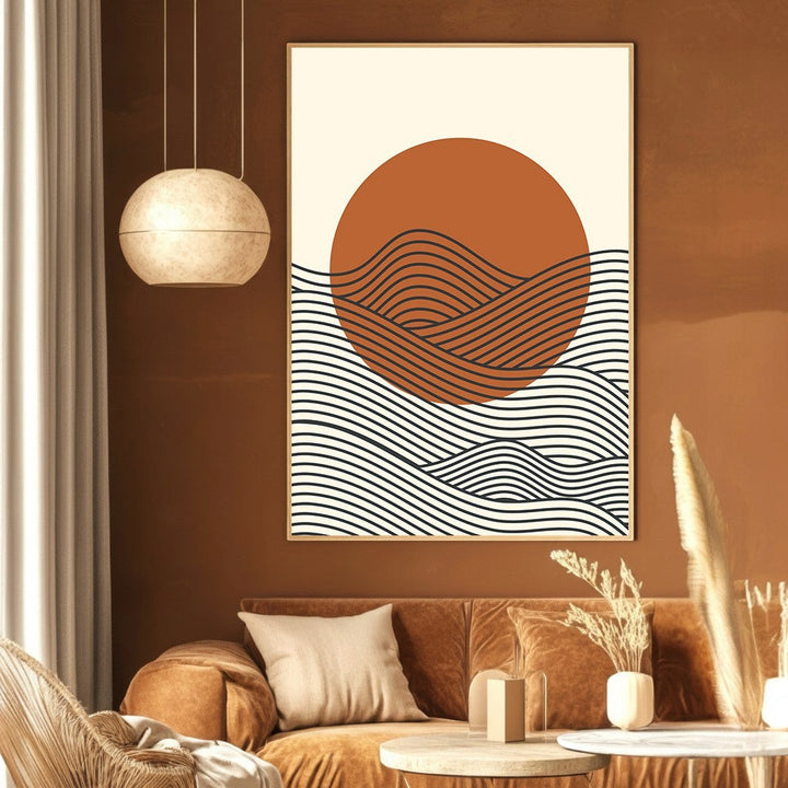Wadi Home abstract geometric landscape wall art print featuring a terracotta sun and black line waves in a modern room