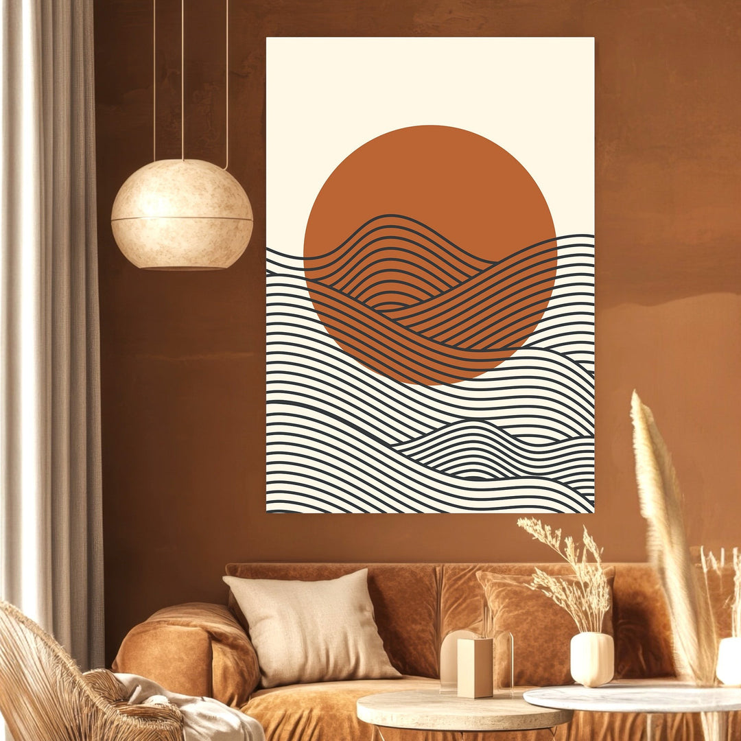 Wadi Home abstract geometric landscape wall art print with a terracotta sun and black line waves in a modern living room