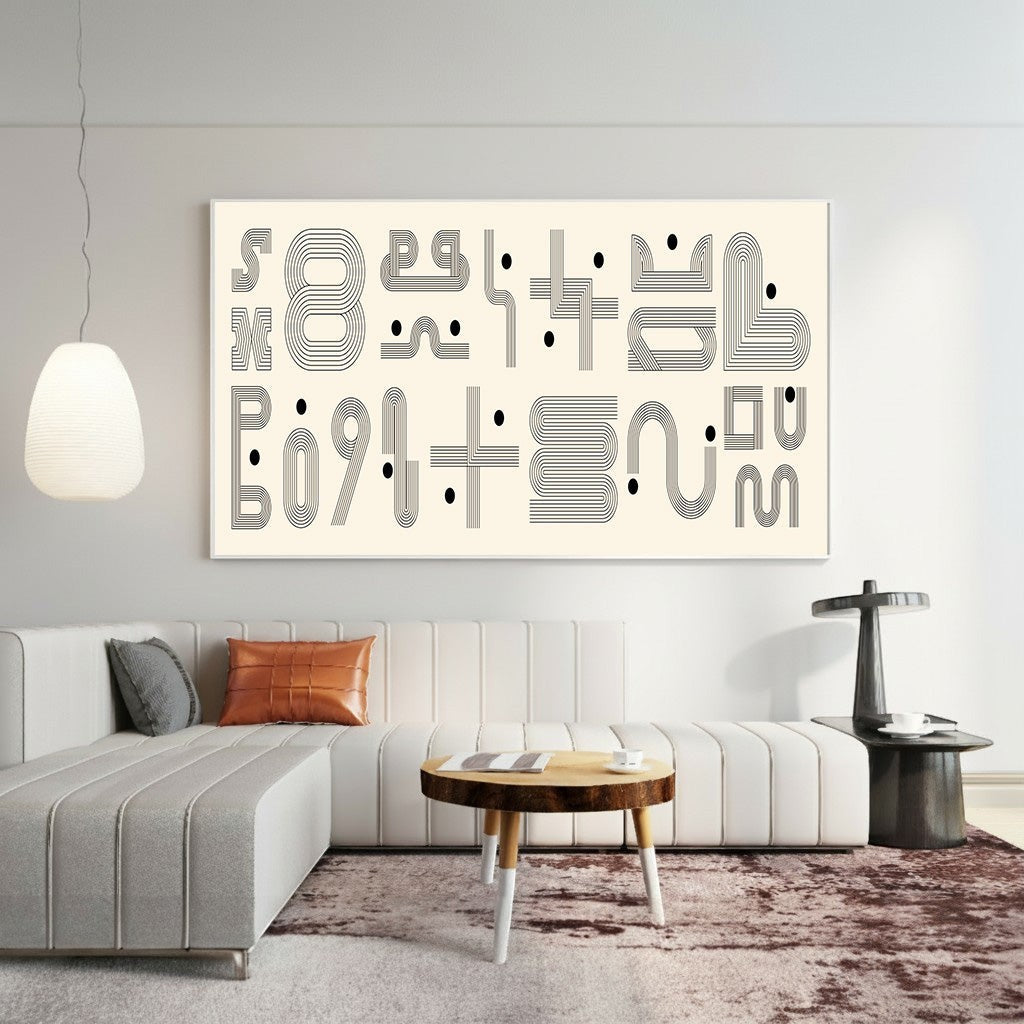 Wadi Home abstract geometric line art print with black rhythmic patterns on a cream background in a modern living room