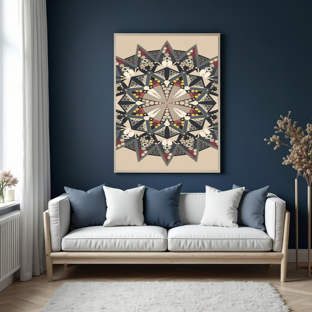 Wadi Home abstract geometric mandala wall art with intricate patterns in beige, grey, red, and yellow.