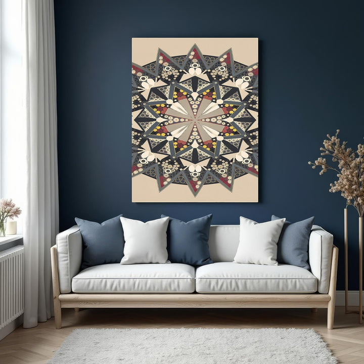 Wadi Home abstract geometric mandala wall art with intricate patterns in grey, beige, red, and yellow.