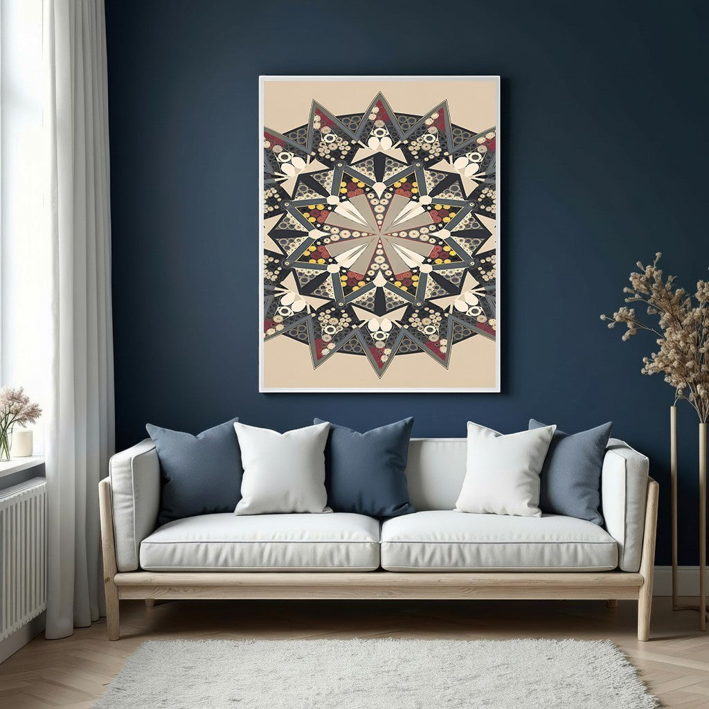 Wadi Home abstract geometric mandala wall art with intricate patterns in beige, grey, red, and yellow.