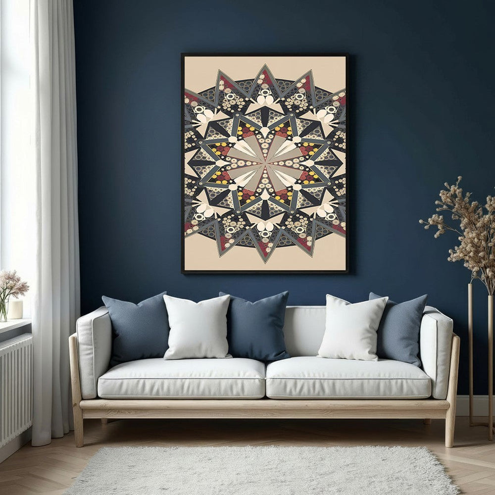 Wadi Home abstract geometric mandala wall art with intricate patterns in beige, grey, red, and yellow.
