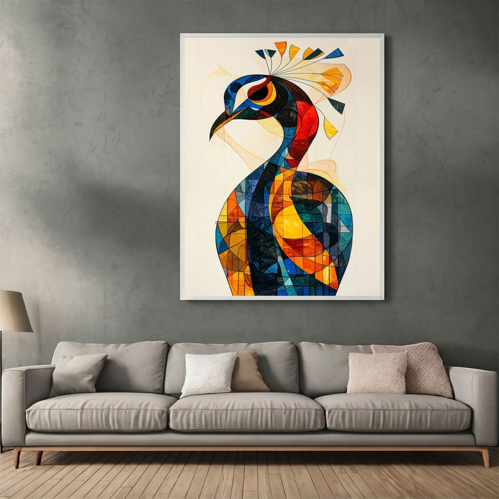 Wadi Home abstract geometric peacock wall art print with vibrant blue, orange, and yellow patterns in a modern living room
